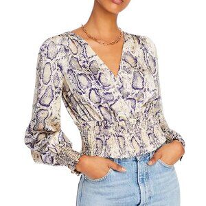 AQUA Printed V-Neck Smocked-Waist Top Snake XS
